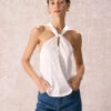 The Beige Halter Cut Out Satin Cami Top