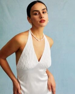 The White Halter Spliced Ruched Satin Midi Dress -Outlet Dress Mix Up Store the satin halter midi dress dresses gqvoqr 843202