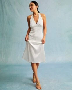 The White Halter Spliced Ruched Satin Midi Dress -Outlet Dress Mix Up Store the satin halter midi dress dresses ohve6z 351497