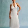 The White Halter Spliced Ruched Satin Midi Dress