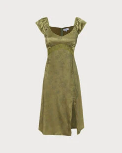 The Green Satin Jacquard Side Split Midi Dress -Outlet Dress Mix Up Store the satin jacquard side split dress green dresses vdezkx