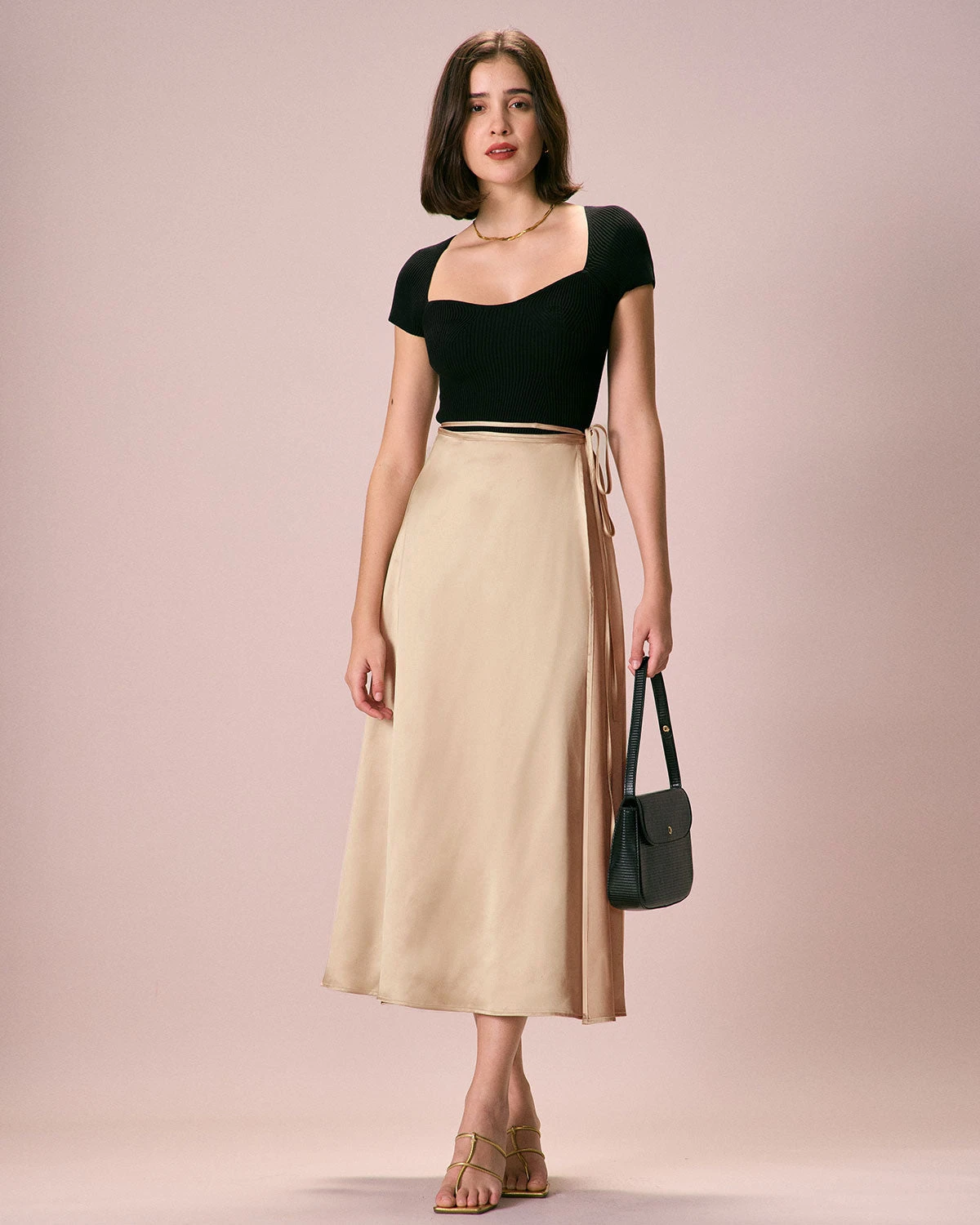 The Khaki Satin Lace-Up Wrap Midi Skirt 3 The Khaki Satin Lace-Up Wrap Midi Skirt - Image 3