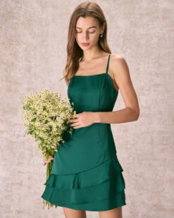 The Green Satin Ruffle Hem Slip Mini Dress -Outlet Dress Mix Up Store the satin ruffle hem mini dress dresses jgoftj
