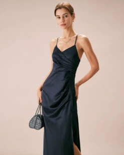 The Navy V-Neck Ruched Satin Sling Maxi Dress -Outlet Dress Mix Up Store the satin v neck ruched dress dresses eh0t0y