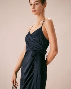 The Navy V-Neck Ruched Satin Sling Maxi Dress -Outlet Dress Mix Up Store the satin v neck ruched dress dresses wzumvt