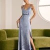 The Blue V Neck Satin Slit Slip Maxi Dress