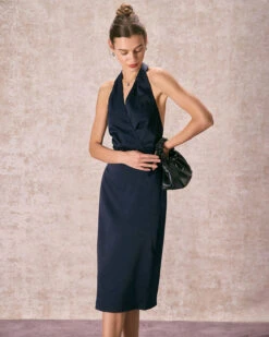 The Navy Halter Ruched Wrap Satin Midi Dress -Outlet Dress Mix Up Store the satin wrap halter midi dress dresses uj5crm 351167a2 1144 4aeb 8dec 5927d6f2253b