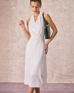 The White Halter Ruched Wrap Satin Midi Dress -Outlet Dress Mix Up Store the satin wrap halter midi dress white dresses osgjec