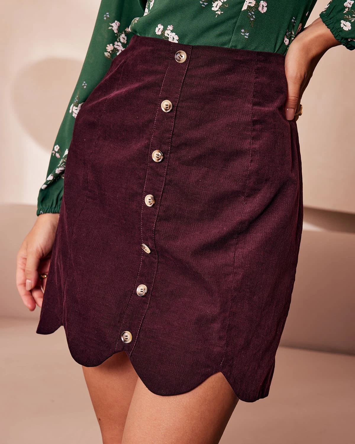 The Wine Red Scalloped Corduroy Mini Skirt 1 The Wine Red Scalloped Corduroy Mini Skirt