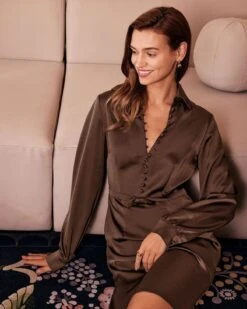 The Brown Shirt Collar Button Satin Mini Dress -Outlet Dress Mix Up Store the shirt collar satin button dress dresses cb5ugg 871052