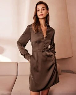 The Brown Shirt Collar Button Satin Mini Dress -Outlet Dress Mix Up Store the shirt collar satin button dress dresses fokkb5 662054