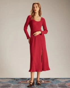 The Red Ribbed Side Split A-Line Maxi Dress -Outlet Dress Mix Up Store the side split ribbed dress dresses obnize