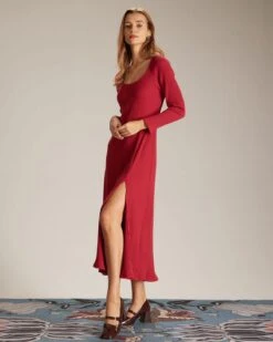 The Red Ribbed Side Split A-Line Maxi Dress -Outlet Dress Mix Up Store the side split ribbed dress dresses s1w14o