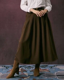 The Dark Coffee Slant Pocket Pleated Midi Skirt