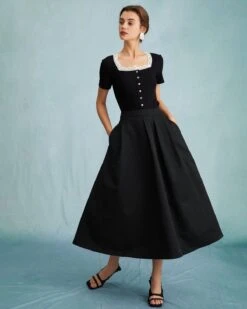 The Black High Waisted Pleated Midi Skirt -Outlet Dress Mix Up Store the solid pleated midi skirt bottoms pos3ix 610113