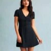 The Black V Neck Button-up Shirt Mini Dress