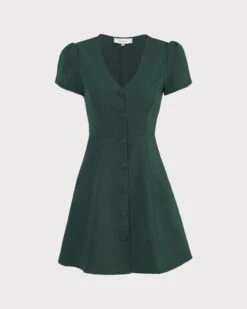The Dark Green V Neck Button-up Shirt Mini Dress -Outlet Dress Mix Up Store the solid v neck shirt dress dark green dresses s34nte 879509