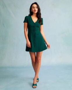 The Dark Green V Neck Button-up Shirt Mini Dress -Outlet Dress Mix Up Store the solid v neck shirt dress dresses p47h09 223795