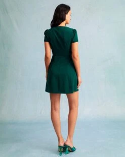 The Dark Green V Neck Button-up Shirt Mini Dress -Outlet Dress Mix Up Store the solid v neck shirt dress dresses t7pfk4 402148