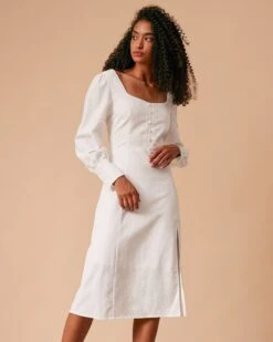 The White Solid Slit Long Sleeve Midi Dress -Outlet Dress Mix Up Store the split hem midi dress dresses bkyez5