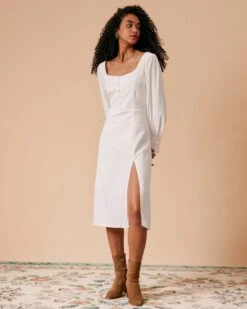 The White Solid Slit Long Sleeve Midi Dress -Outlet Dress Mix Up Store the split hem midi dress dresses g8w9az