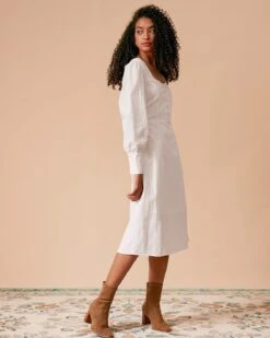 The White Solid Slit Long Sleeve Midi Dress -Outlet Dress Mix Up Store the split hem midi dress dresses h5ruyt