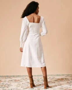 The White Solid Slit Long Sleeve Midi Dress -Outlet Dress Mix Up Store the split hem midi dress dresses qwd0tw