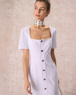 The White Square Neck Buttoned Midi Dress -Outlet Dress Mix Up Store the square neck buttoned midi dress dresses izbzkw