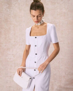 The White Square Neck Buttoned Midi Dress -Outlet Dress Mix Up Store the square neck buttoned midi dress dresses w1mgsv