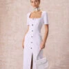 The White Square Neck Buttoned Midi Dress
