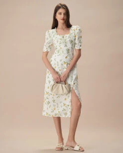 The White Square Neck Frill Trim Floral Midi Dress -Outlet Dress Mix Up Store the square neck frill trim floral midi dress white dresses skvhff