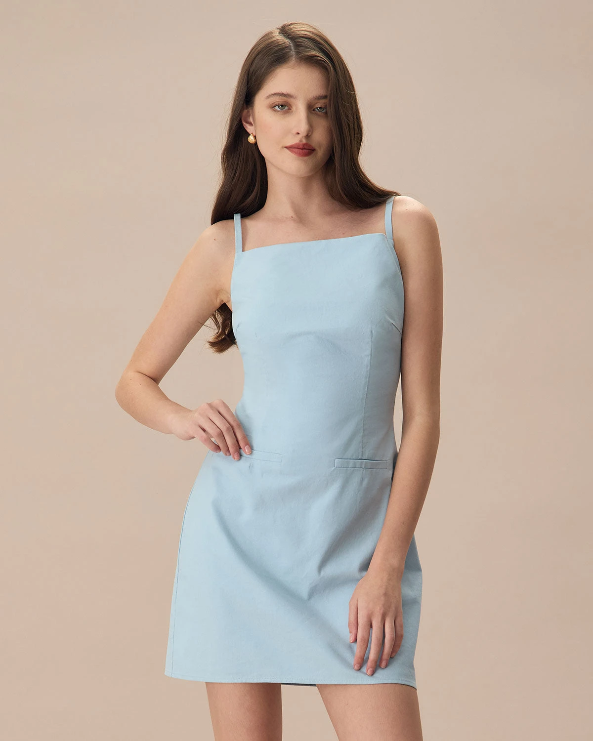 The Blue Square Neck Linen Slip Mini Dress 1 The Blue Square Neck Linen Slip Mini Dress