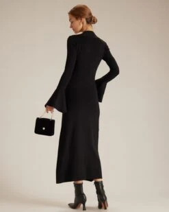 The Black Square Neck Flare Sleeve Midi Dress -Outlet Dress Mix Up Store the square neck long sleeve sweater dress dresses 3in8jo