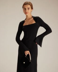 The Black Square Neck Flare Sleeve Midi Dress -Outlet Dress Mix Up Store the square neck long sleeve sweater dress dresses 7fahlf