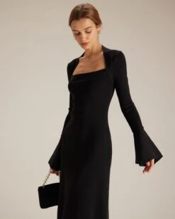 The Black Square Neck Flare Sleeve Midi Dress -Outlet Dress Mix Up Store the square neck long sleeve sweater dress dresses xcbl7s