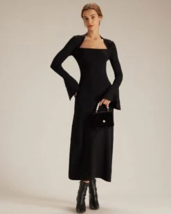 The Black Square Neck Flare Sleeve Midi Dress -Outlet Dress Mix Up Store the square neck long sleeve sweater dress dresses xfkirg