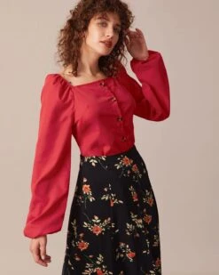 The Red Square Neck Button Puff Sleeve Blouse -Outlet Dress Mix Up Store the square neck puff sleeve blouse tops vsytuh 572621