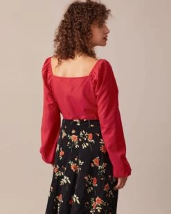 The Red Square Neck Button Puff Sleeve Blouse -Outlet Dress Mix Up Store the square neck puff sleeve blouse tops yz4isu 786977