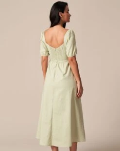 The Light Green Square Neck Shirred Midi Dress -Outlet Dress Mix Up Store the square neck puff sleeve midi dress dresses tnfhs7 351261