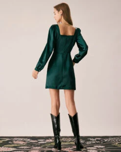 The Green Square Neck Satin A-Line Mini Dress -Outlet Dress Mix Up Store the square neck puff sleeve satin dress dresses 1hbtrl