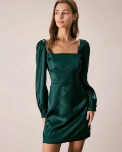 The Green Square Neck Satin A-Line Mini Dress -Outlet Dress Mix Up Store the square neck puff sleeve satin dress dresses dcudls