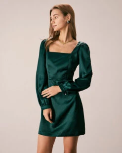 The Green Square Neck Satin A-Line Mini Dress -Outlet Dress Mix Up Store the square neck puff sleeve satin dress dresses h2n6x1