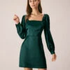 The Green Square Neck Satin A-Line Mini Dress