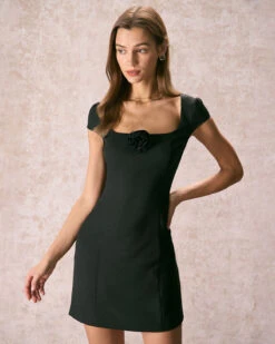 The Black Square Neck Rosette Mini Dress -Outlet Dress Mix Up Store the square neck rosette mini dress dresses hw3azo