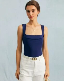 The Navy Square Neck Ruched Tank Top -Outlet Dress Mix Up Store the square neck ruched tank top tops dn3ntp 806082