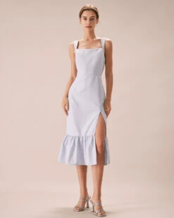 The Light Blue Square Neck Ruffle Midi Dress -Outlet Dress Mix Up Store the square neck ruffle hem dress dresses ok1mah