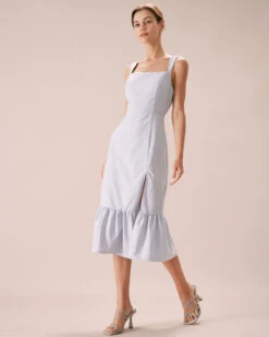The Light Blue Square Neck Ruffle Midi Dress -Outlet Dress Mix Up Store the square neck ruffle hem dress dresses uepxty