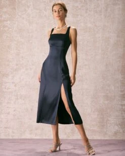 The Navy Square Neck Sheath Satin Midi Dress 9 The Navy Square Neck Sheath Satin Midi Dress -Outlet Dress Mix Up Store the square neck satin midi dress dresses 7ttqyc