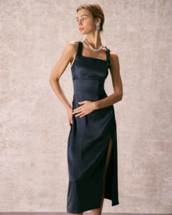 The Navy Square Neck Sheath Satin Midi Dress 8 The Navy Square Neck Sheath Satin Midi Dress -Outlet Dress Mix Up Store the square neck satin midi dress dresses fmtucb
