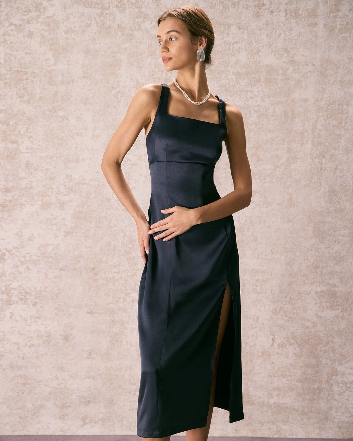 The Navy Square Neck Sheath Satin Midi Dress 3 The Navy Square Neck Sheath Satin Midi Dress - Image 3